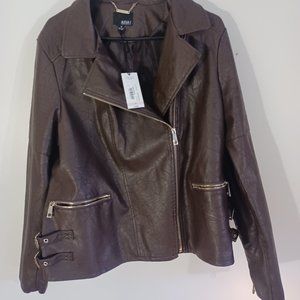 NWT Faux leather dark brown asymmetrical zip jacket